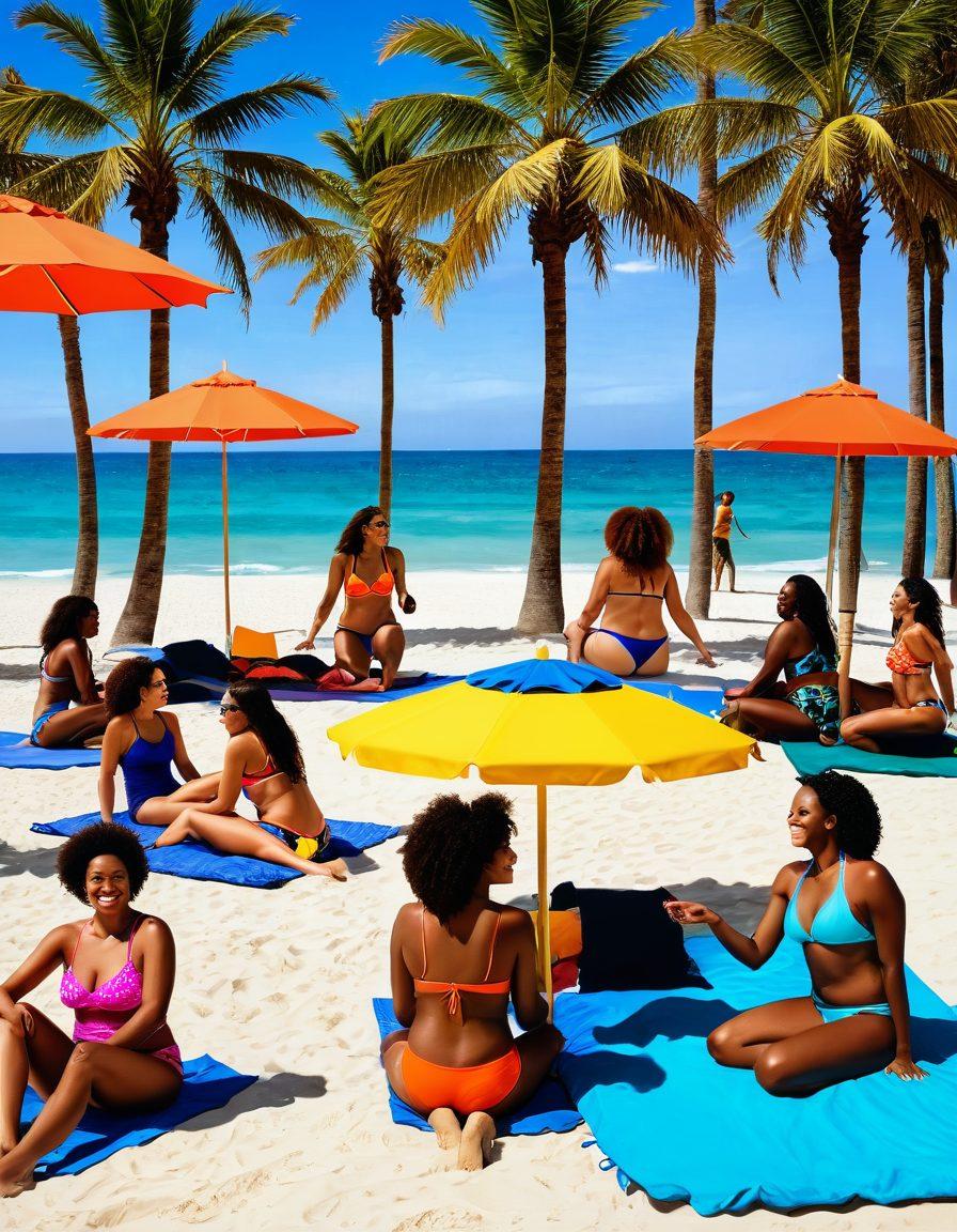 A vibrant beach scene featuring diverse women of different body types and ethnicities wearing stylish swimwear. Showcase them enjoying the sun, playing beach volleyball, and lounging by the shore, with colorful beach umbrellas and palm trees in the background. Emphasize a fun and lively atmosphere that conveys confidence and elegance in swimwear. Bright and cheerful colors. super-realistic. beach vibe.
